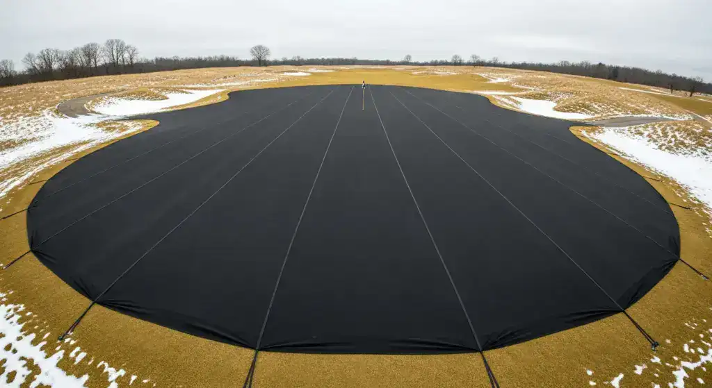 a golf course green in winter, fully protected by the black eyouagro turf cover against frost and snow.
