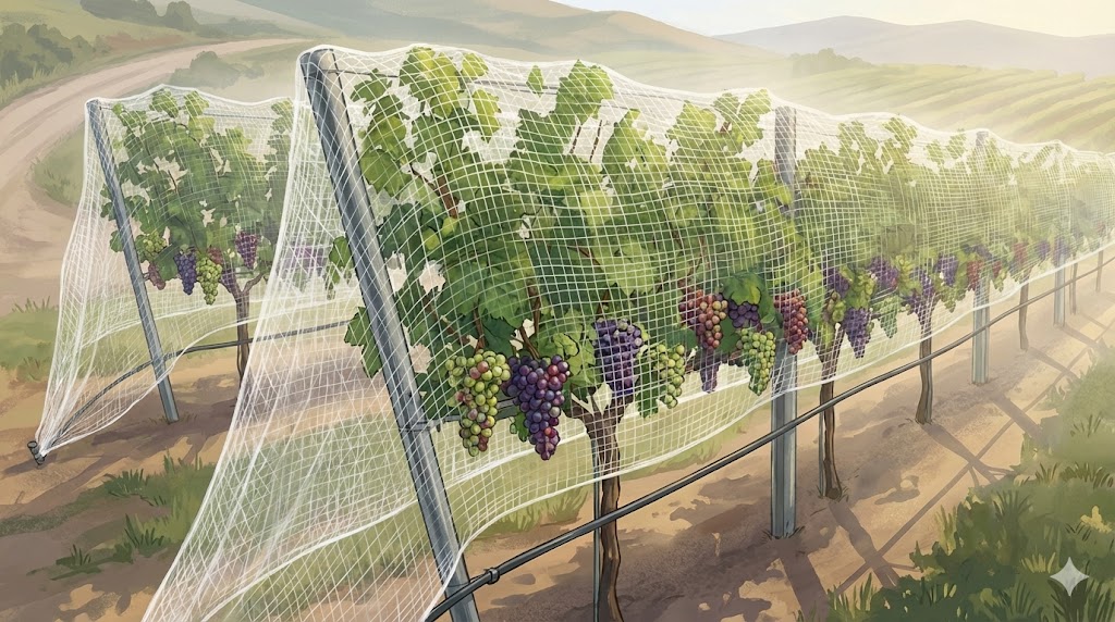 Vineyard netting protecting grape clusters during ripening to improve quality and preserve yield