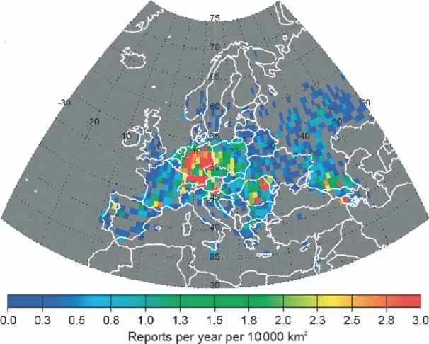 Hail Reports Per Year 1000km2