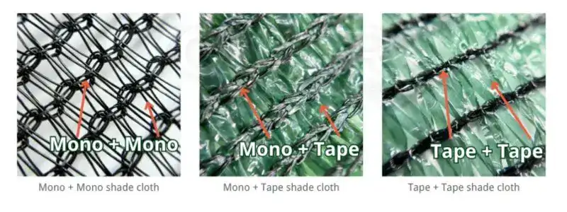 3 féle Raschel árnyékoló háló: Mono+Mono, Tape+Tape, Mono+Tape