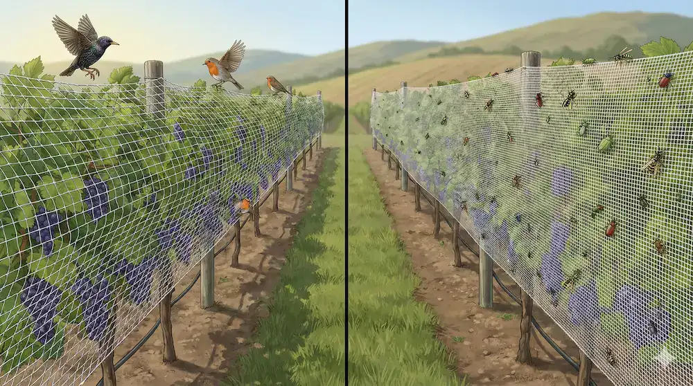 Difference between bird netting and insect netting mesh size in vineyards