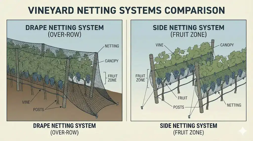 Drape vs side vineyard netting system comparison