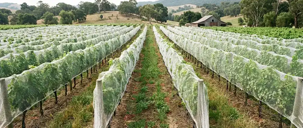 Organic vineyard protected by HDPE vineyard netting without chemical inputs