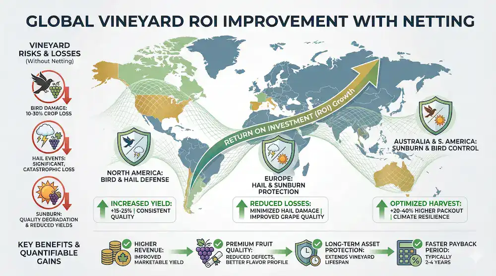 Global infographic showing vineyard netting ROI across major wine regions