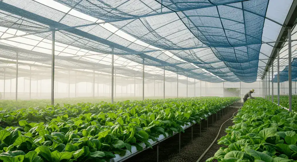 a scene of installing uv resistant covering materials in a greenhouse