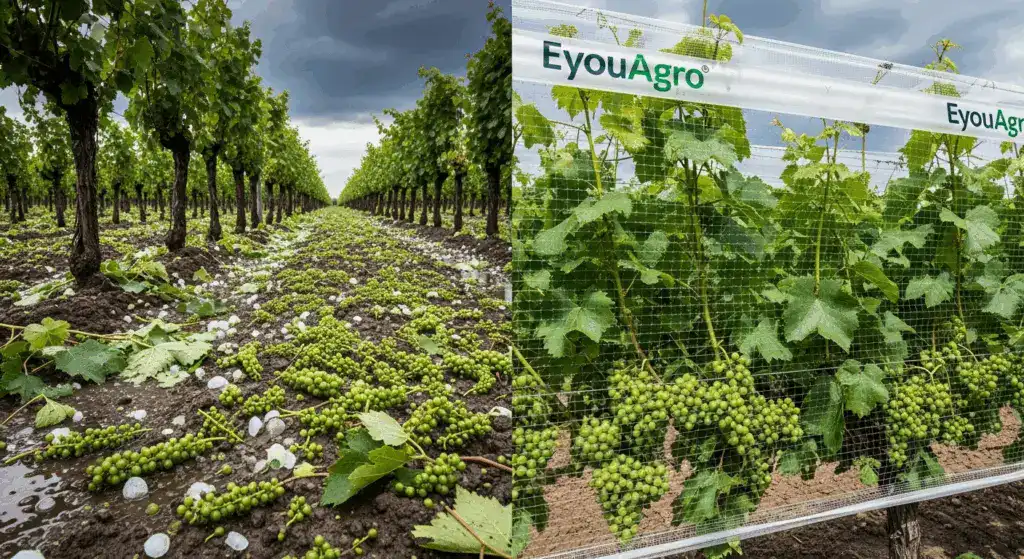 A powerful comparison of hail-damaged grapes versus healthy Areni grapes fully protected under EyouAgro's hail netting system.