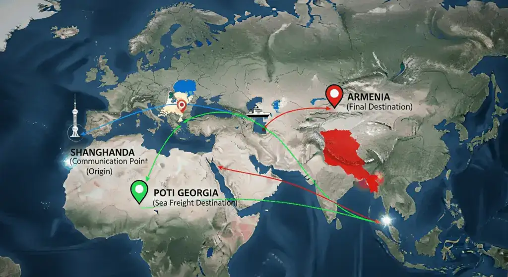 A map demonstrating the complex logistics of a project from China to Armenia, involving communication in the Netherlands and shipping via the port of Poti, Georgia.