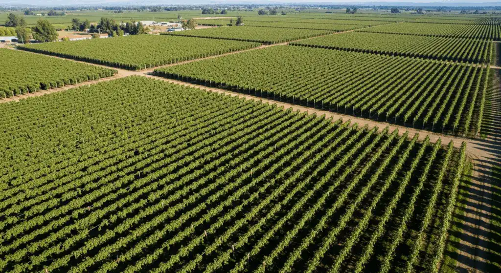 Vue aérienne d'un grand verger de kiwis de 40 hectares au Chili, géré par Valle Central Growers
