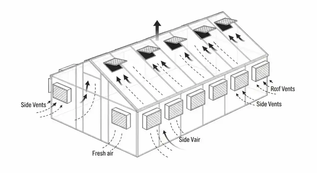 Conception des ouvertures de ventilation de la serre (fenêtres de toit : fenêtres latérales)