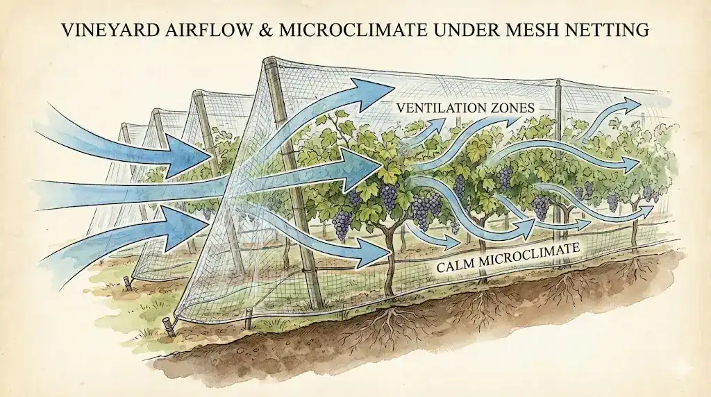 Vineyard net mesh size affects airflow and ventilation inside the grape canopy