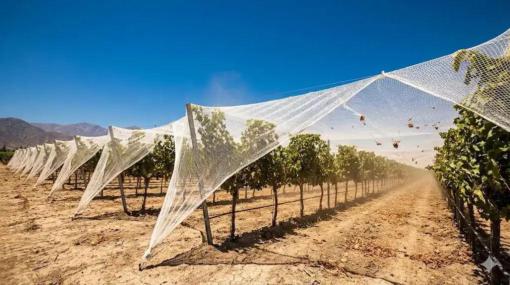 Vineyard netting system exposed to extreme climate conditions including strong sun and wind
