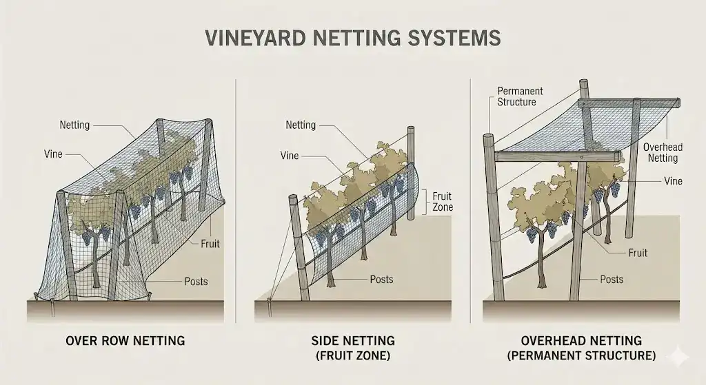 Overview of vineyard netting systems: over row, side, and overhead