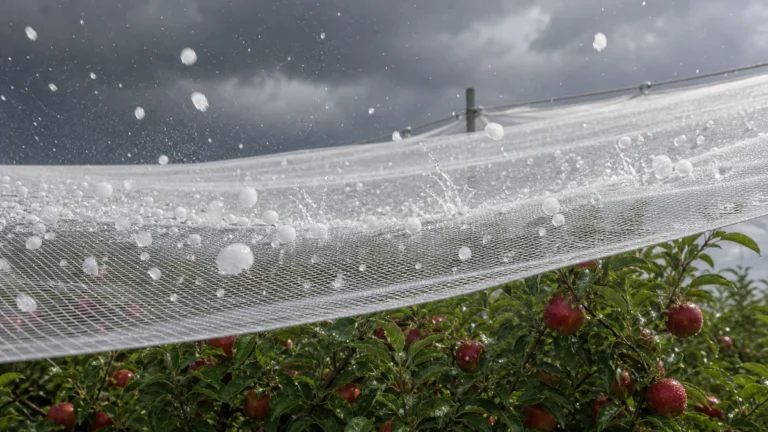 Anti-hail netting intercepting hailstones over an orchard