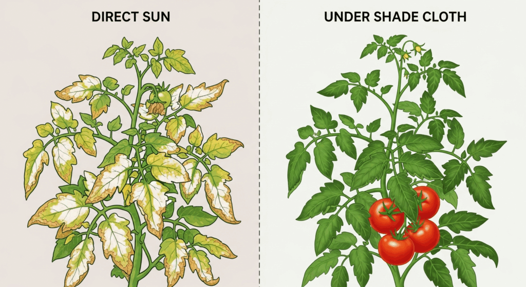 stress da calore della pianta di pomodoro vs pianta ombreggiata