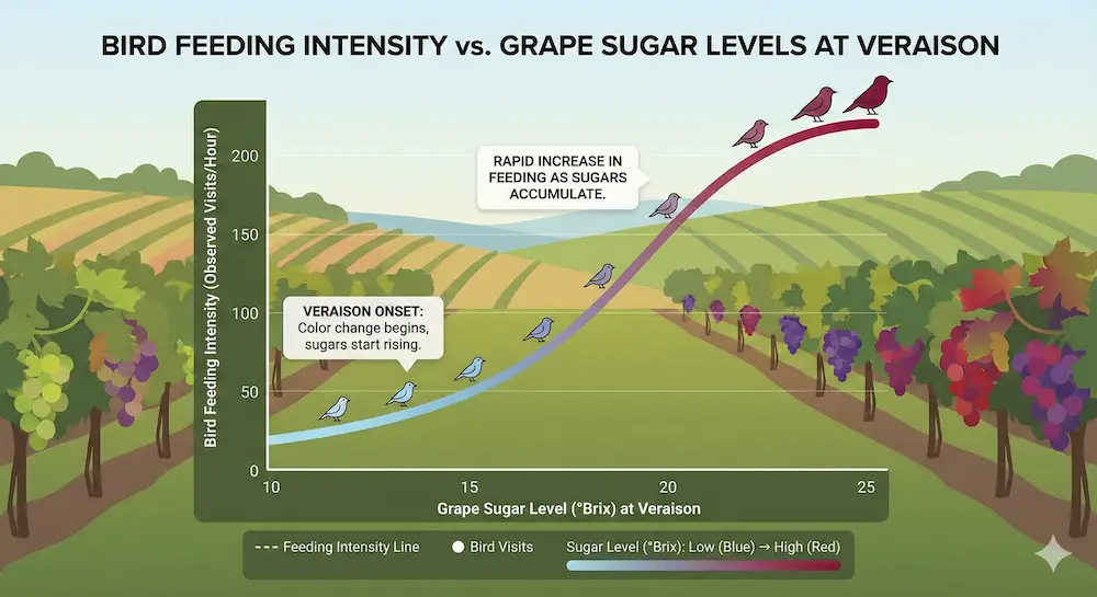 Grafico che mostra l'aumento della pressione di alimentazione degli uccelli con i livelli di zucchero dell'uva alla invaiatura