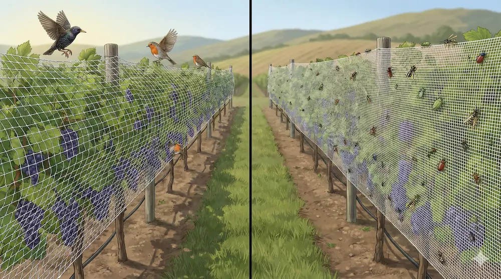 Difference between bird netting and insect netting mesh size in vineyards