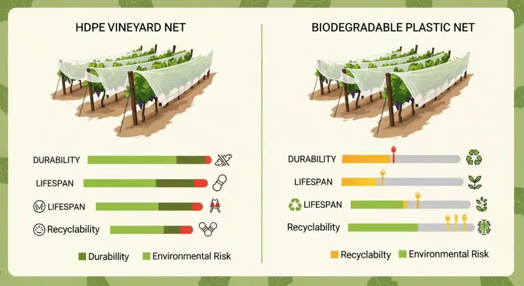 Comparison between HDPE nets and biodegradable nets for sustainability.