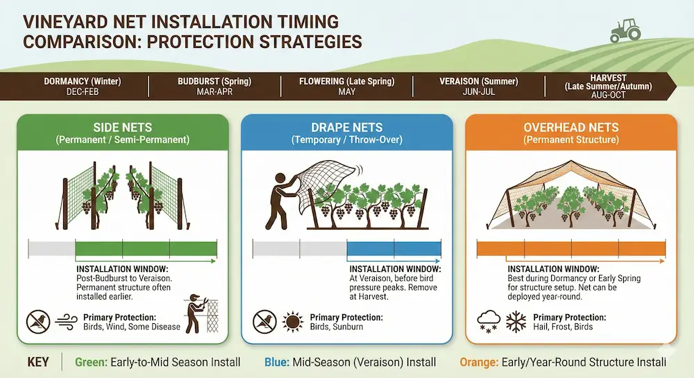 Confronto dei tempi di installazione per reti laterali, reti a drappeggio e sistemi di reti per vigneti sospesi
