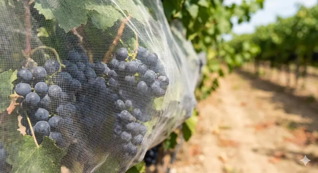 Physical protection of organic grapes using vineyard netting instead of pesticides
