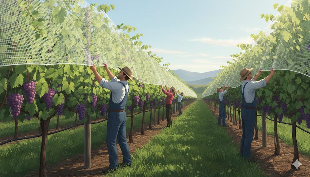 Installazione sicura delle reti da vigneto senza danneggiare i grappoli d'uva
