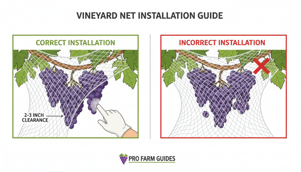 Confronto tra installazione corretta e errata delle reti da vigneto