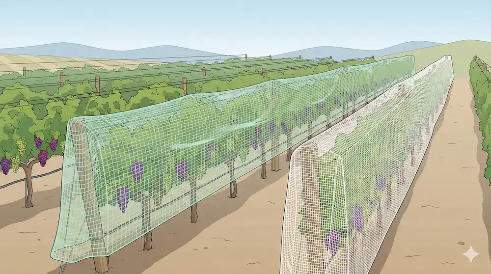 Vineyard net mesh size comparison showing airflow and grape protection