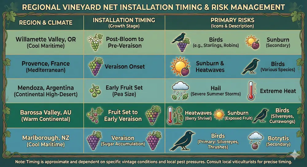 Tabella comparativa regionale dei tempi di installazione delle reti da vigneto per USA, Europa, Australia, Nuova Zelanda e Sud America