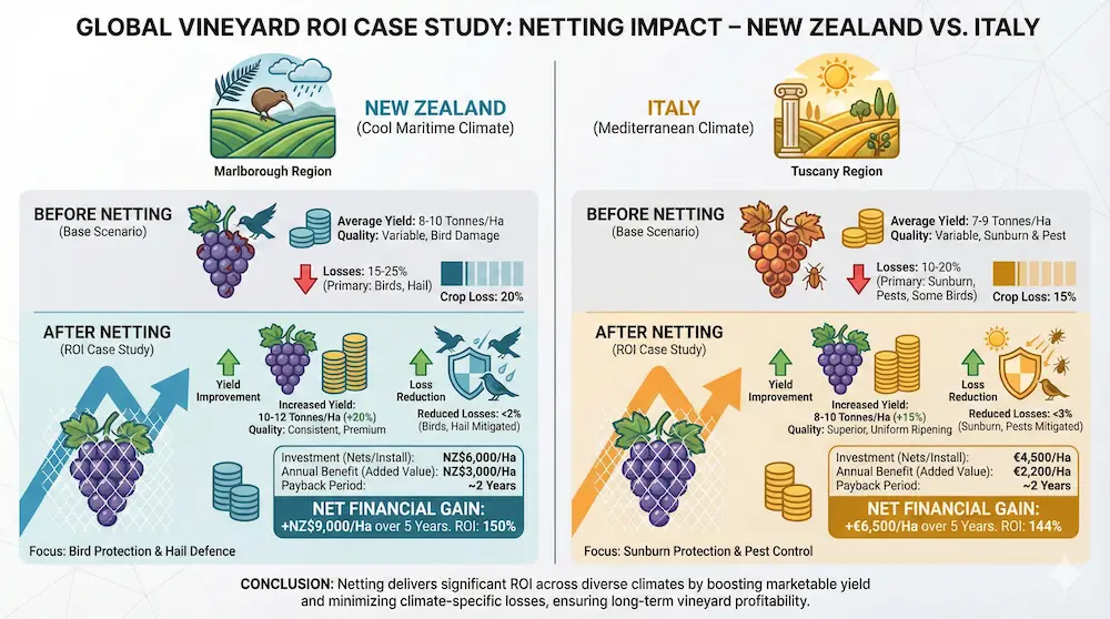 Confronto del ROI della rete di vigneti tra casi di studio della Nuova Zelanda e dell'Italia