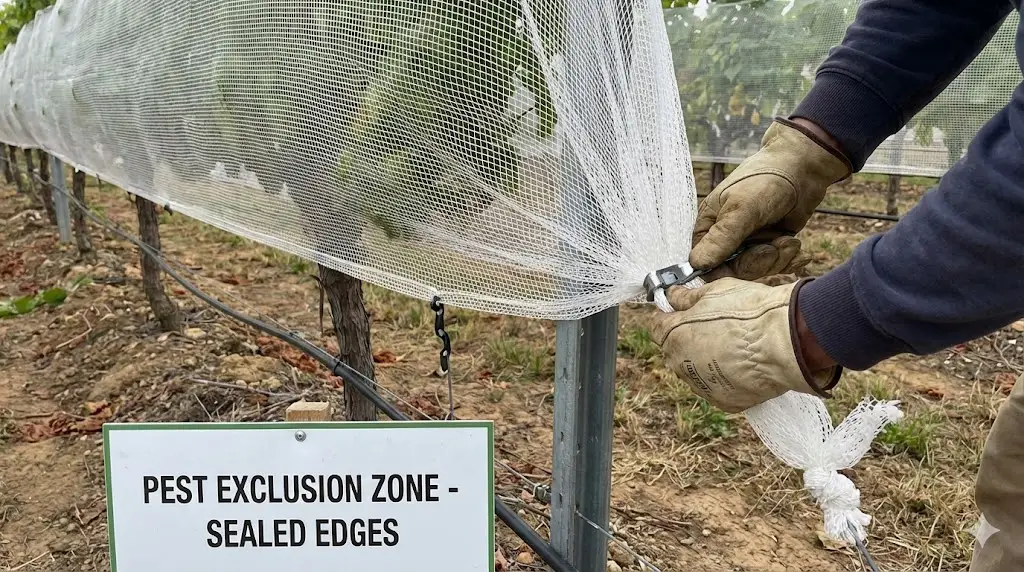 Edge sealing and end closure in vineyard net installation