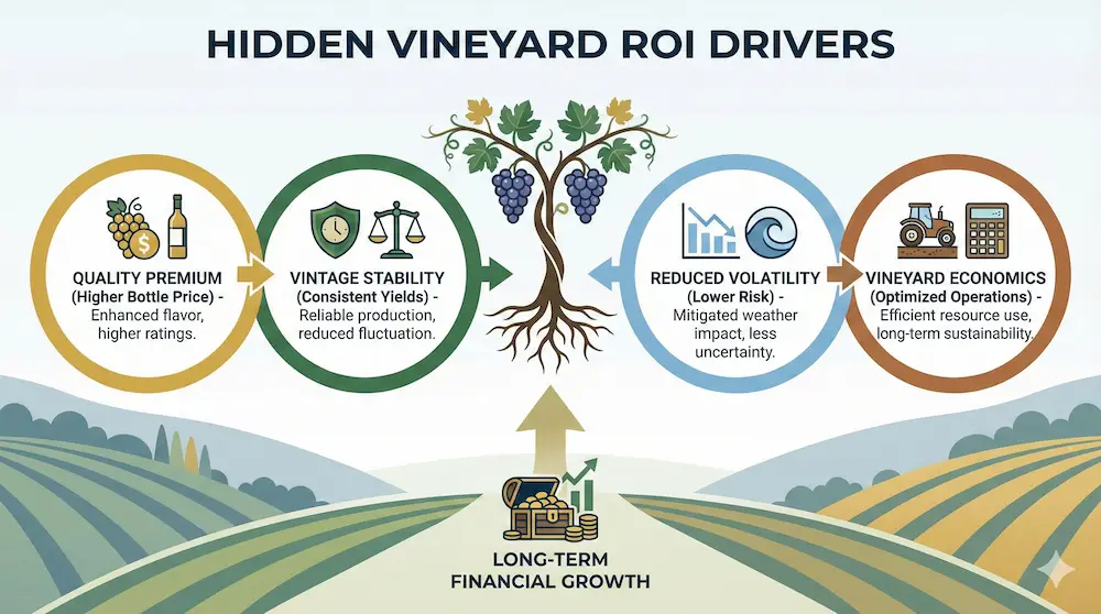 Infografica che evidenzia i driver nascosti del ROI come la qualità premium e la stabilità vintage