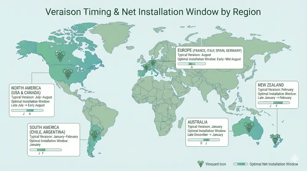 Mappa globale che mostra i tempi di installazione delle reti per vigneti nelle principali regioni vinicole