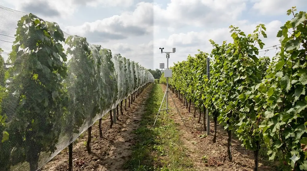 Vineyard netting improving microclimate and reducing humidity