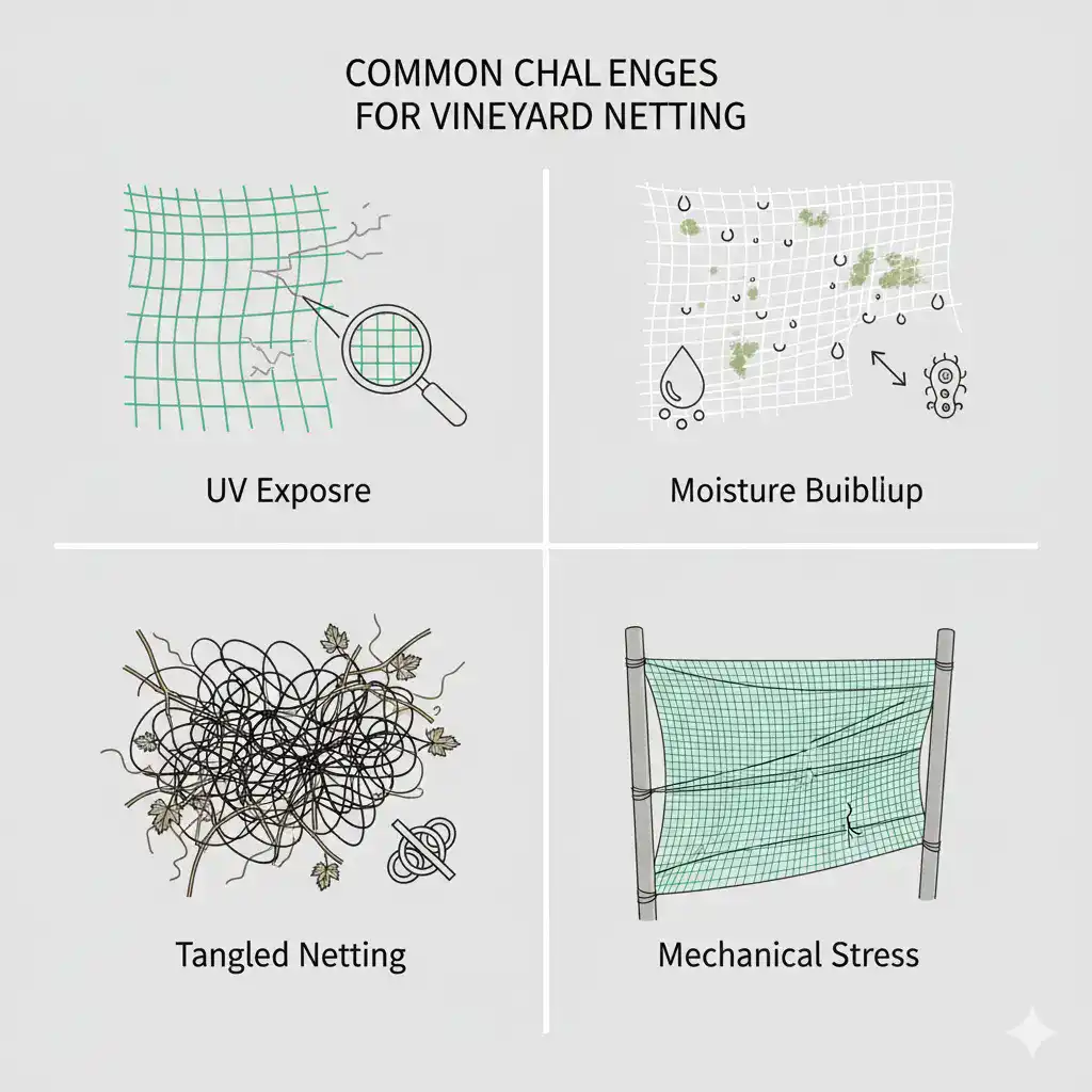 Common off-season damage factors affecting vineyard net lifespan