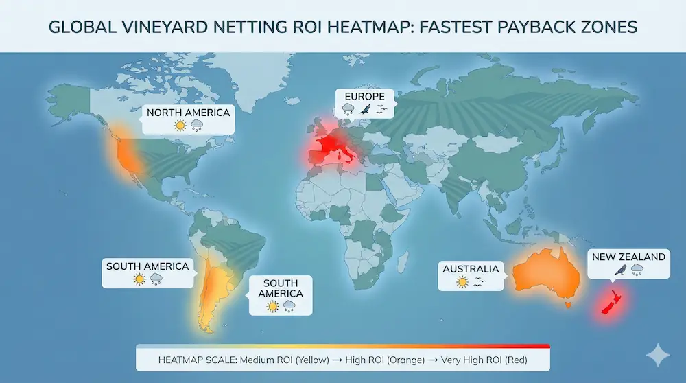 Mappa termica globale che mostra l'intensità del ROI netto dei vigneti nelle principali regioni vinicole
