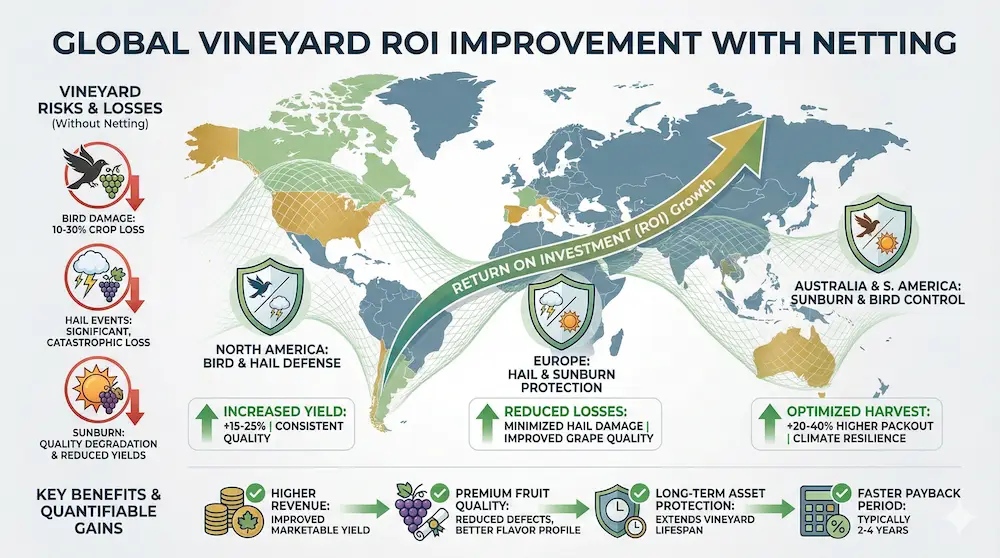 Infografica globale che mostra il ROI netto dei vigneti nelle principali regioni vinicole