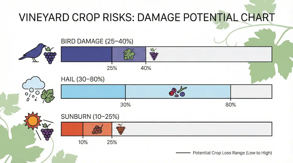 Grafico che mostra le perdite tipiche dei vigneti causate da uccelli, grandine e scottature solari senza reti