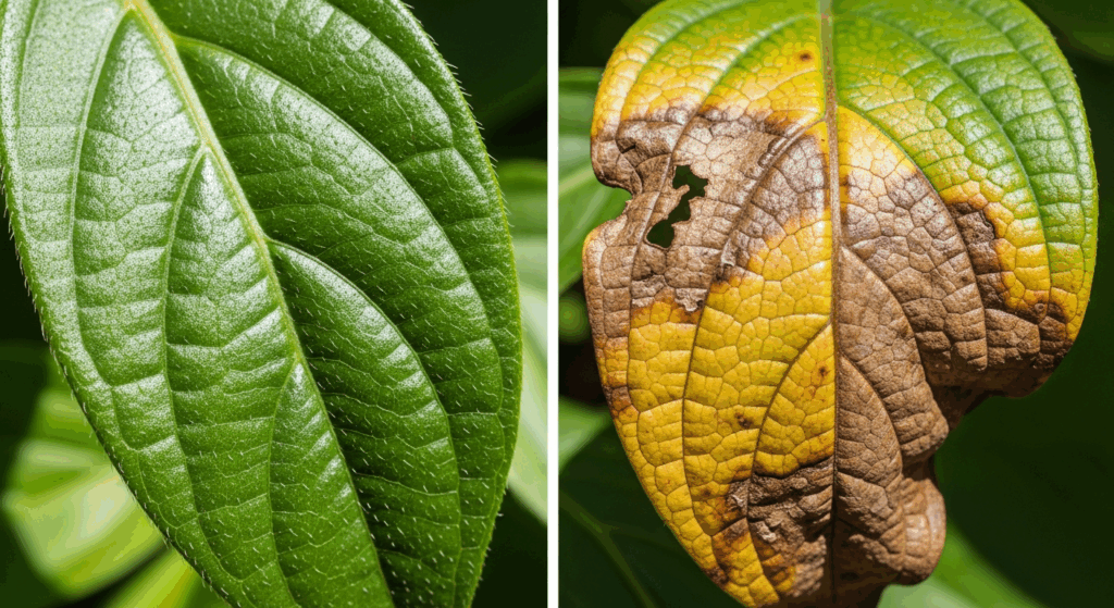 close up of leaves damaged by uv b