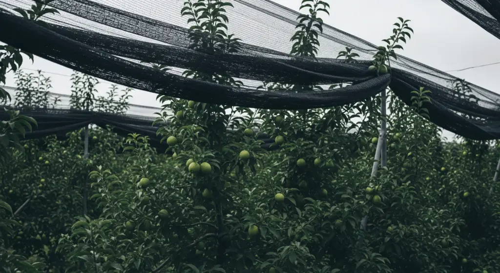 Cultivos bajo malla de sombra negra: ambiente de tonos fríos y maduración lenta