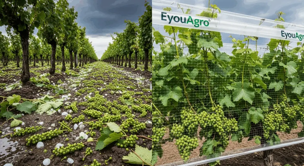 A powerful comparison of hail-damaged grapes versus healthy Areni grapes fully protected under EyouAgro's hail netting system.