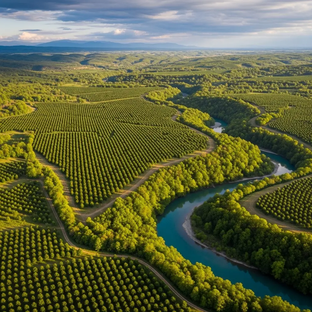 A scenic, wide-angle aerial shot of a vast hazelnut orchard in the Zugdidi region of Georgia, home to the Anakliuri hazelnut crop.