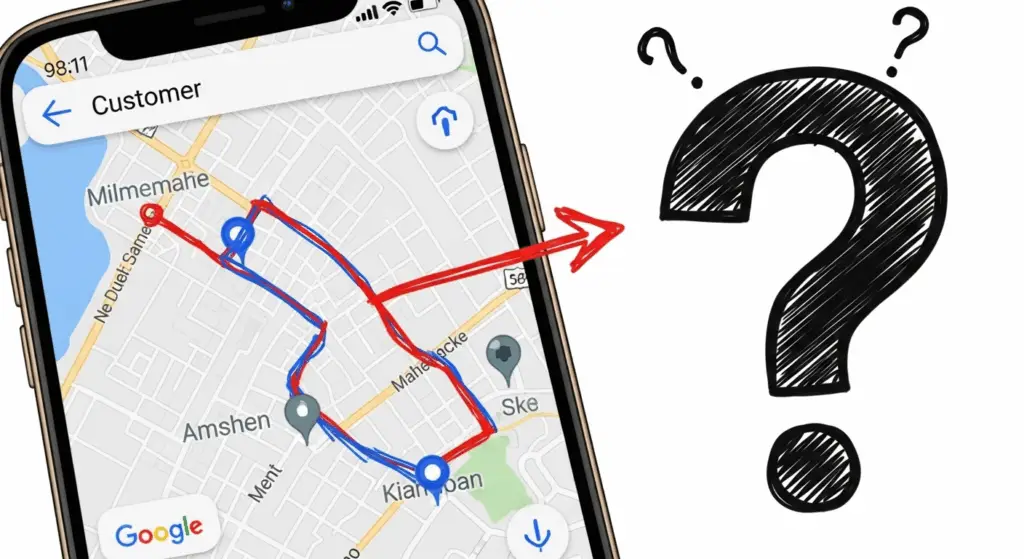 A Google Maps screenshot of the orchard with the client's initial, confusing hand-drawn lines, representing the core planning challenge