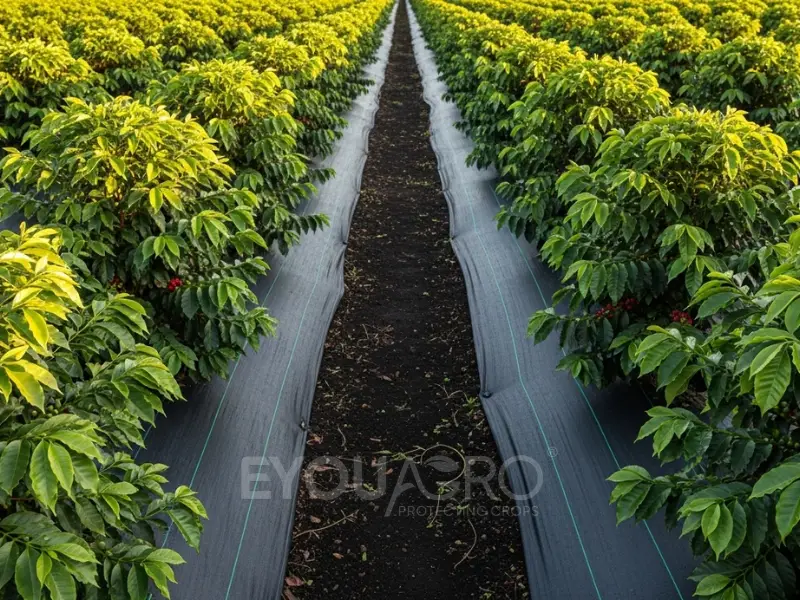 A coffee plantation with EyouAgro's black weed mat installed between the rows of coffee plants