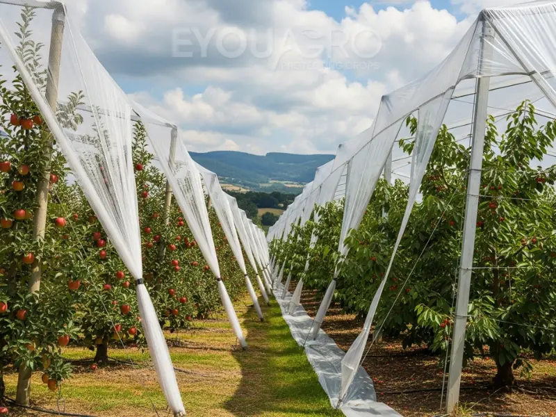 A composite image showing an apple orchard under hail netting next to a cherry orchard under rain covers.