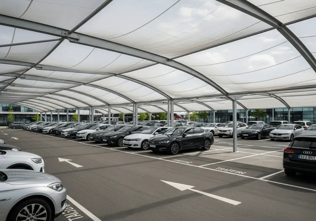 A modern car park with vehicles protected under a large anti-hail netting canopy structure.