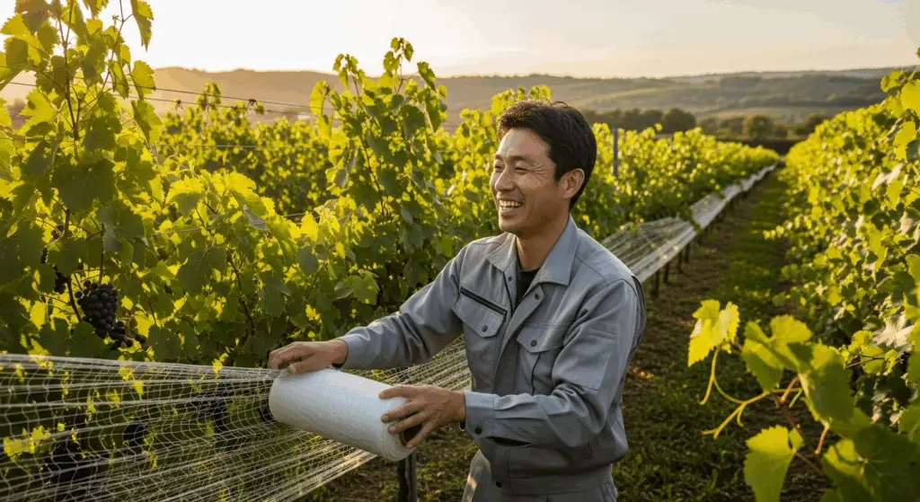 A satisfied client installing EyouAgro's custom 1.2-meter wide bird netting in his Hokkaido vineyard, symbolizing a successful partnership.