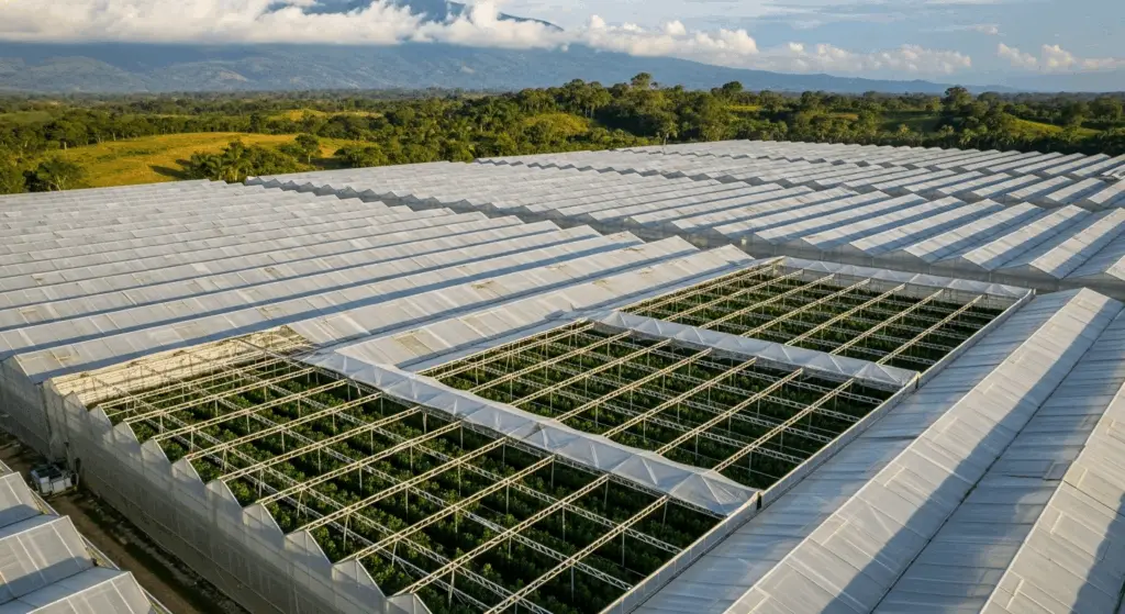 Letecký pohled na rozsáhlý komerční skleníkový provoz paprik v Guatemale, který vyžaduje rozsáhlé pokrytí sítí proti mšicím.