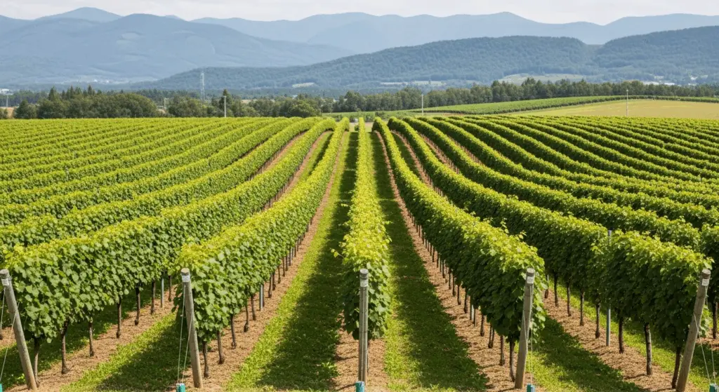 A meticulously managed Pinot Noir vineyard in Hokkaido, Japan, showcasing the unique compact layout and scenic environment.