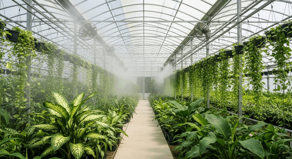 The interior of a modern greenhouse in Sri Lanka, filled with lush ornamental foliage plants, managed by Emerald Gardens.