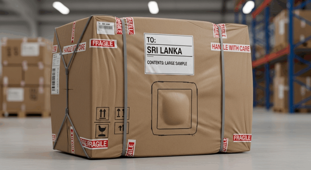 A large air-freight package containing the key bulk sample of Aluminet, ready to be shipped to the client in Sri Lanka for quality verification.