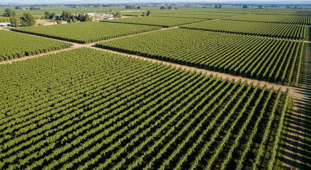 An aerial view of a large, 40-hectare kiwifruit orchard in Chile, managed by Valle Central Growers